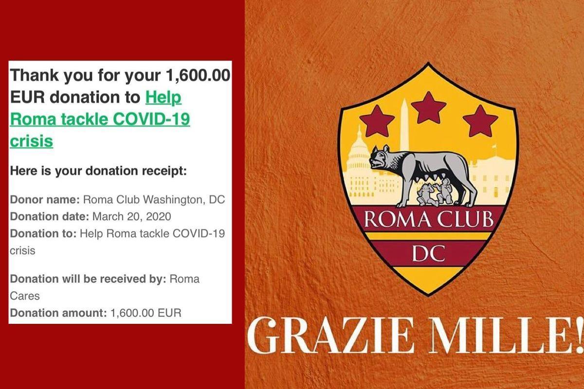 FOTO - Coronavirus, il Roma Club Washington D.C. dona 1600 euro per lo Spallanzani