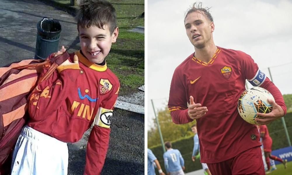 A sinistra Alessio Riccardi bambino con maglia della Roma e fascia da capitano, a destra sempre Riccardi con i gradi di capitano della Primavera 