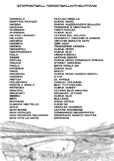 L'elenco di alcune tifoserie europee che hanno firmato un documento contro la ripresa