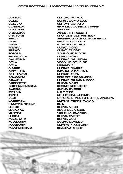 L'elenco di alcune tifoserie europee che hanno firmato un documento contro la ripresa