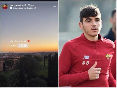 La storia Instagram pubblicata da Villar; a sinistra, il calciatore spagnolo a Trigoria (As Roma via Getty Images)