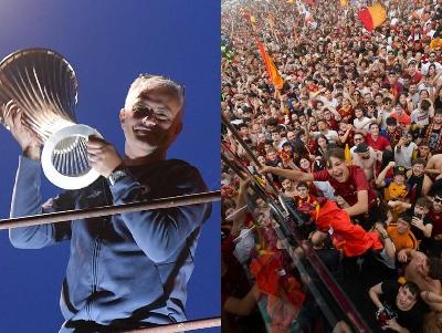 Mourinho con la coppa a Trigoria appena tornato da Tirana e una vista della folla di ieri (As Roma via Getty Images)