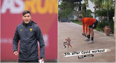 A sinistra: Fonseca a Trigoria; a destra: Dzeko si allena a casa