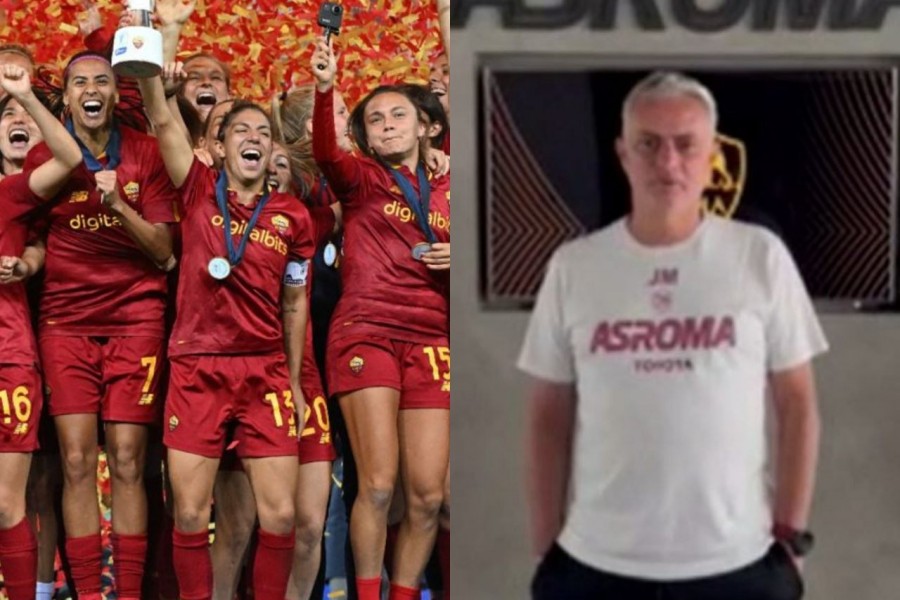 A sinistra la Roma Femminile alza la Supercoppa Italia, a destra il messaggio di Mourinho a La7