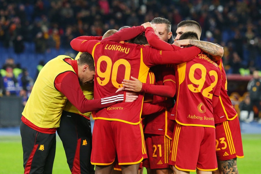 L'esultanza dei giallorossi dopo uno dei gol segnati contro l'Udinese