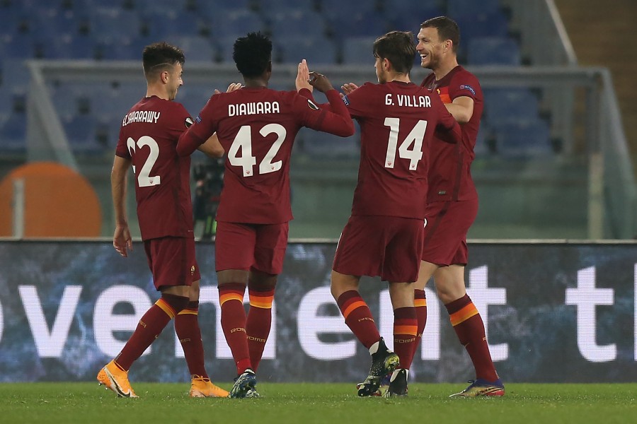 L'esultanza di Dzeko e compagni in Roma-Braga del 25 febbraio 2021