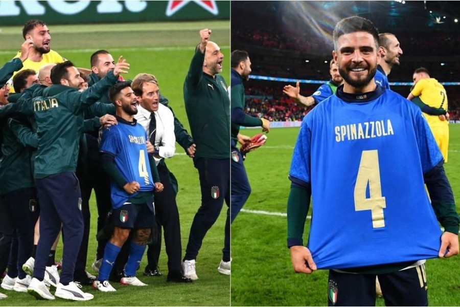 Lo staff festeggia con Insigne e Donnarumma @Foto Mancini; Insigne con la maglia di Spinazzola @Foto Getty