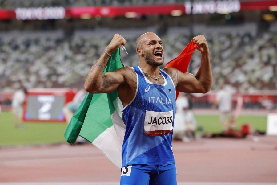 La gioia di Marcell Jacobs dopo la vittoria nella finale dei 100 metri @Getty Images