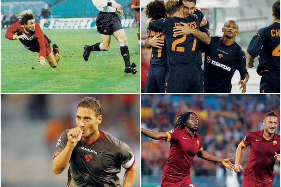 Gerolin gira di testa nel 5-0 contro il Bordeaux della stagione 1990-1991; la squadra esulta dopo un gol segnato al Vardar nel 2003; Totti festeggia la rete del momentaneo 2-0 contro lo Shakhtar Donetsk nella Champions League 2006-2007; Gervinhho e Totti 