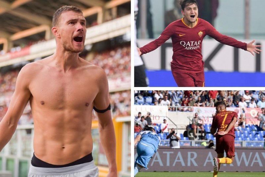 Le esultanze di Dzeko e Ünder e il colpo di tacco di Lorenzo Pellegrini, di LaPresse