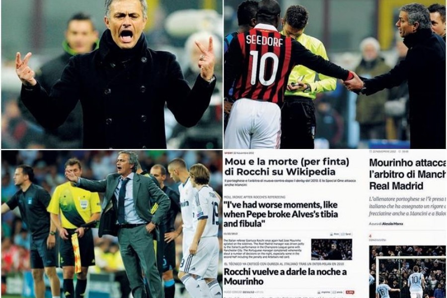 dall’alto,  lo Special One indica le due espulsioni subite dalla sua Inter nel derby del 2009-10; nella stessa sfida, con il rossonero Seedorf e l’arbitro; nel corso della gara di Champions fra il suo Real Madrid e il City, diretta ancora  da Rocchi nella