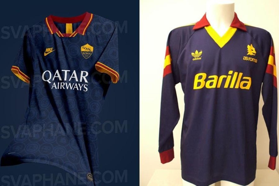 L'anticipazione della terza maglia 2019-20 e quella usata a Monaco-Roma del 1992 (foto collezione Mirko Serini - asromashirt.it)