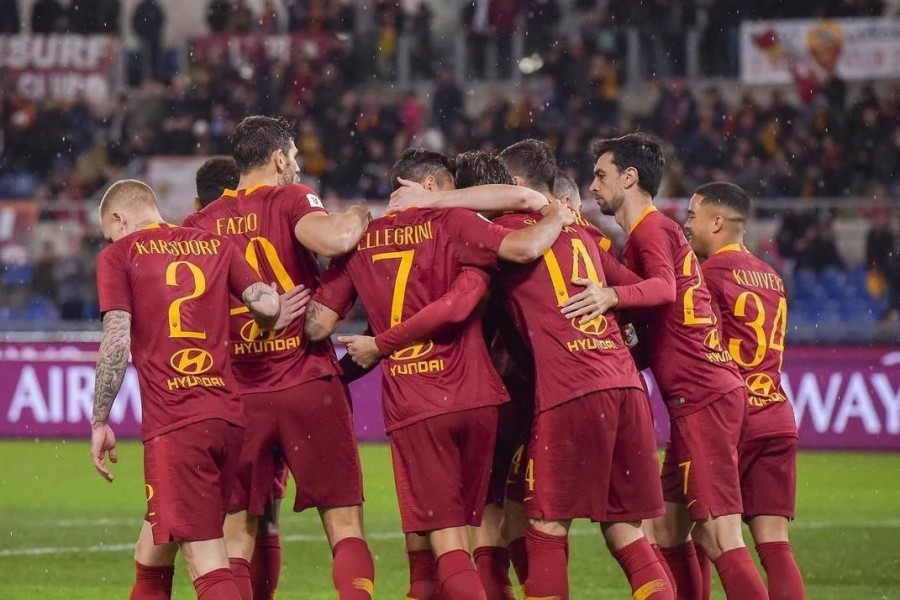 Un'esultanza durante Roma-Entella, di LaPresse