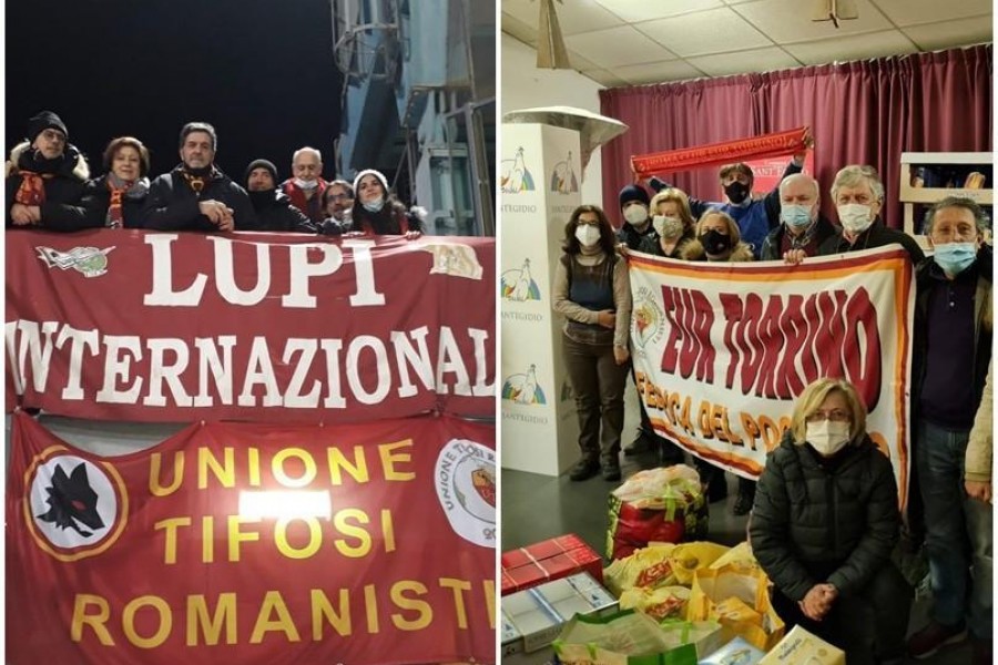 A sinistra, alcuni dei romanisti presenti ieri al Dall'Ara; a destra, il Roma Club Eur Torrino con i beni donati lo scorso anno nonostante la pandemia
