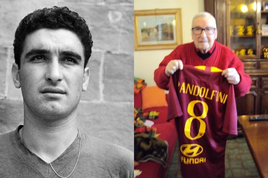 Pandolfini quando giocava e a destra oggi con la maglia regalatagli dalla Roma, di LaPresse