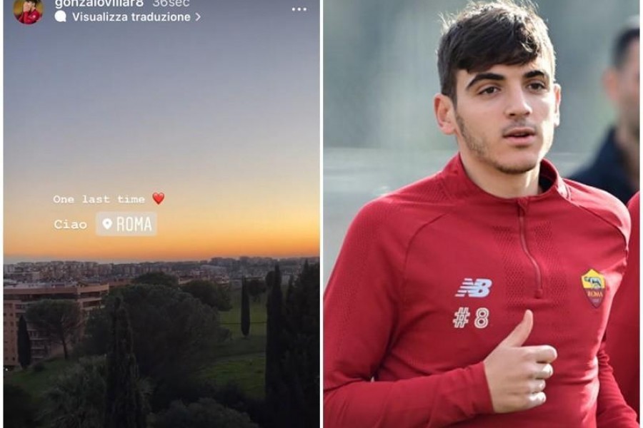 La storia Instagram pubblicata da Villar; a sinistra, il calciatore spagnolo a Trigoria (As Roma via Getty Images)