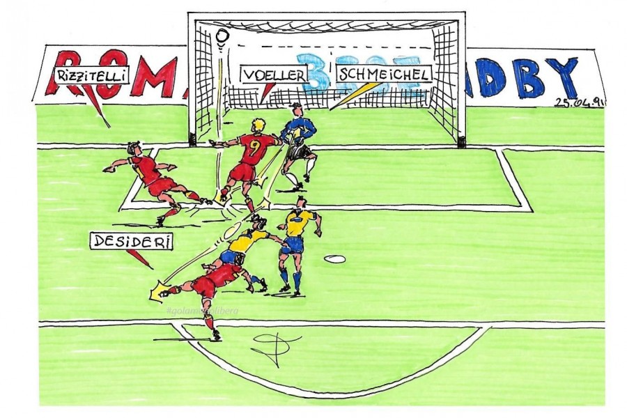 Il gol di Voeller al Broendby disegnato da Luciano Scorza