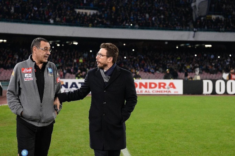 Sarri e Di Francesco durante un Napoli-Sassuolo, di LaPresse