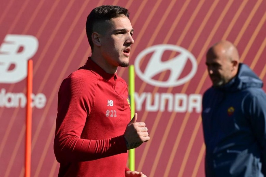 Zaniolo a Trigoria durante l'allenamento odierno (As Roma via Getty Images)