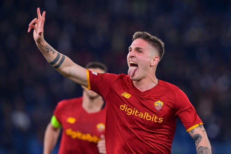 L'esultanza di Zaniolo dopo la tripletta contro il Bodo (AS Roma via Getty Images)