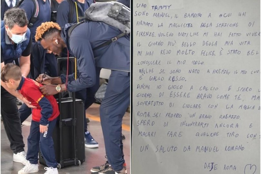 A sinistra il momento dell'incontro tra Abraham e Manuel (AS Roma via Getty Images); a destra, la lettera del piccolo tifoso