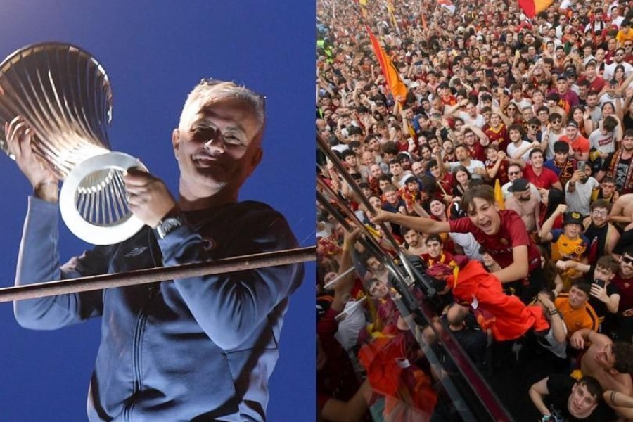 Mourinho con la coppa a Trigoria appena tornato da Tirana e una vista della folla di ieri (As Roma via Getty Images)