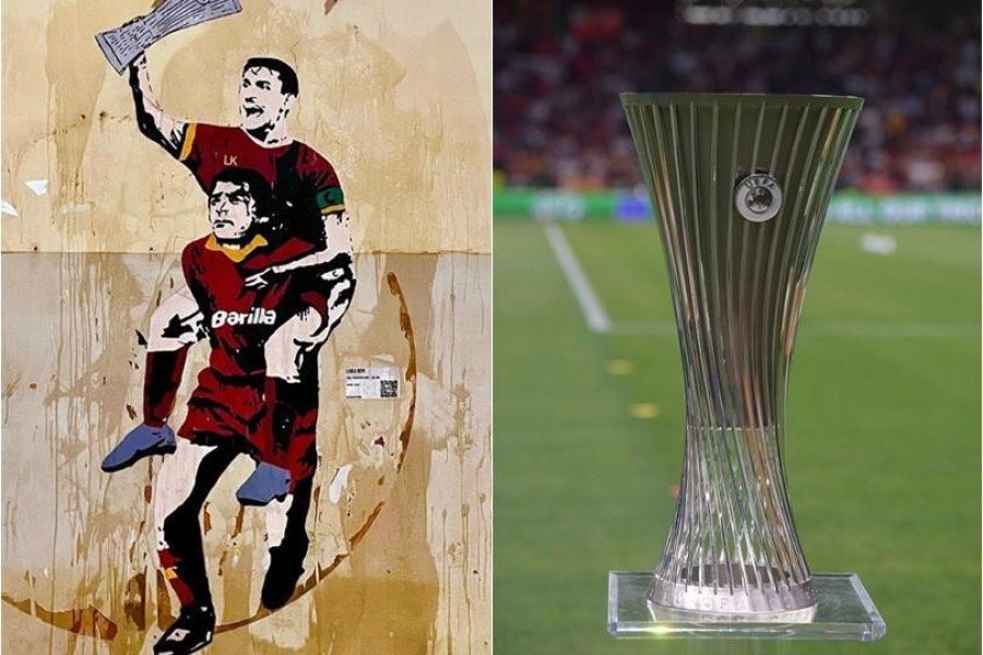 A sinistra, la nuova opera di Laika; a destra il trofeo della Conference League (As Roma via Getty Images)
