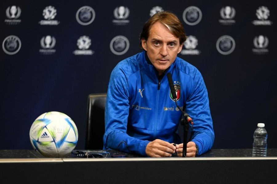 Il ct Mancini in conferenza pre-gara contro l'Argentina a Wembley (Getty Images)