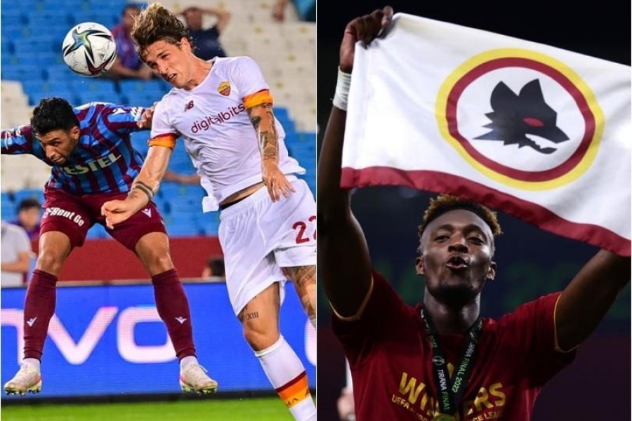 Zaniolo with a header in the first match of the season; Abraham celebrating Tirana's triumph (As Roma via Getty Images)