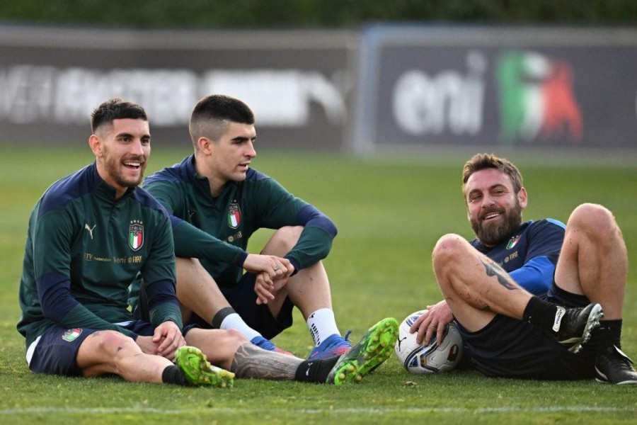 Pellegrini, Mancini e De Rossi durante un allenamento con la Nazionale (Getty Images)