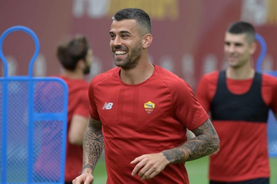 Spinazzola durante una seduta di allenamento a Trigoria (As Roma via Getty Images)