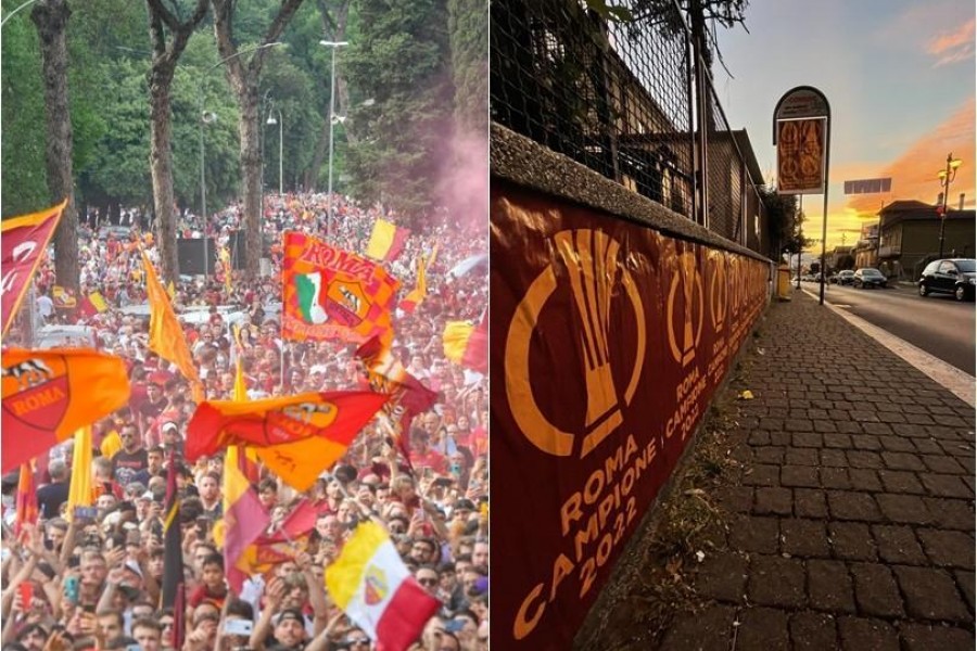 A pic of the trophy's parade (As Roma via Getty Images), and some of the banners appearing in Rome during all this summer
