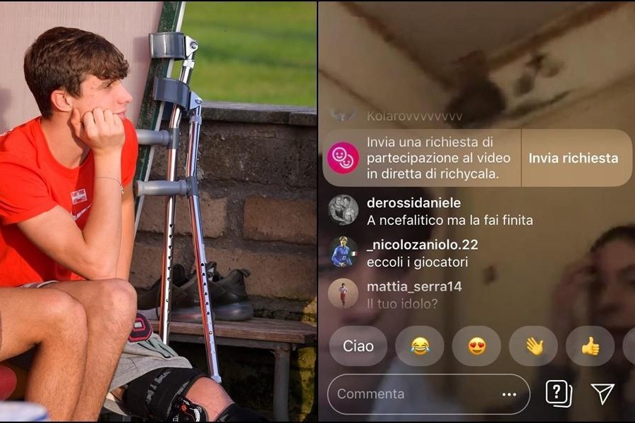 Calafiori e uno screen della sua diretta, di LaPresse