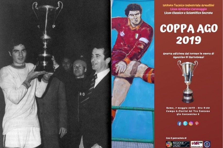 A sinistra, Di Bartolomei con la coppa Roma Junior Club del 1972. A destra, la locandina con il murales dipinto dagli studenti del Caravaggio