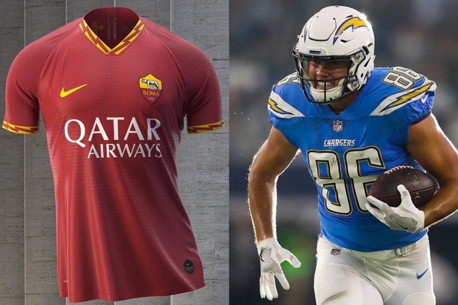 Le maglie di Roma e Los Angeles Chargers messe a confronto