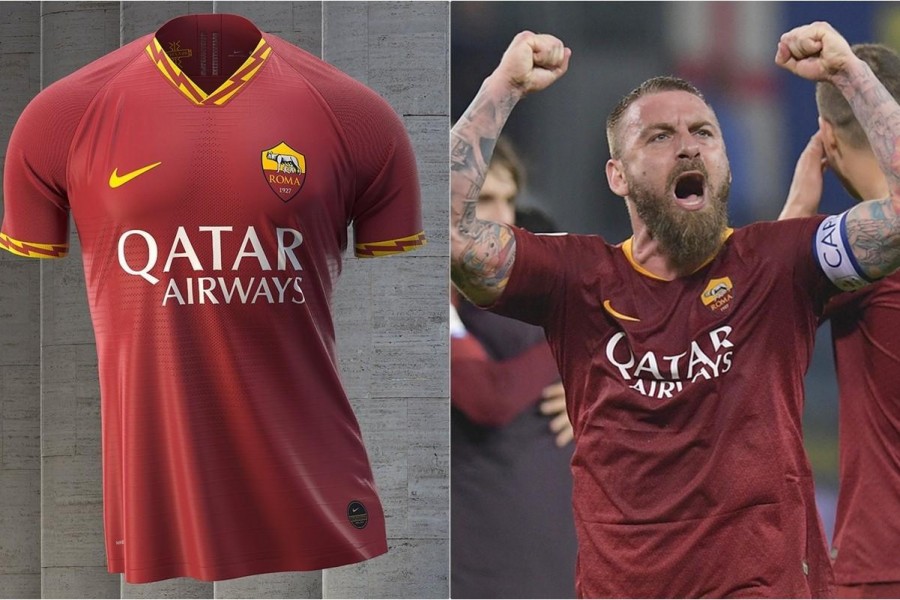 La maglia 2019-20, l'ultima che indosserà De Rossi con la Roma, di LaPresse