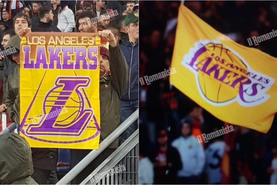 Uno stendardo e una bandiera dei Lakers in Curva Sud (FOTO MANCINI-PROIETTI)