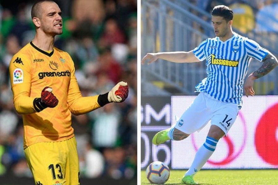 Pau Lopez portiere del Betis Siviglia e Kevin Bonifazi difensore della Spal