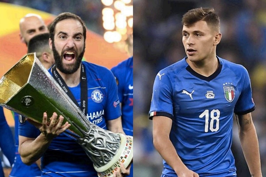 Gonzalo Higuain con la Coppa Uefa in mano conquistata con il Chelsea a maggio scorso. A destra l’azzurro Nicolò Barella, di LaPresse