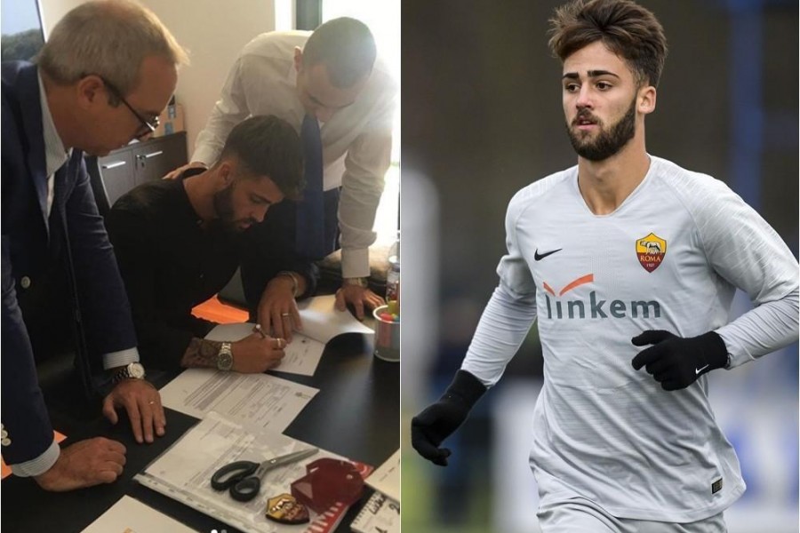 Salvatore Pezzella mentre firma il contratto, e in campo con la Roma, di LaPresse