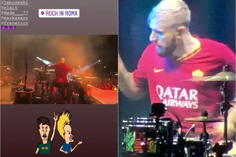 Il batterista, Jacopo Volpe, sul palco con la maglia della Roma