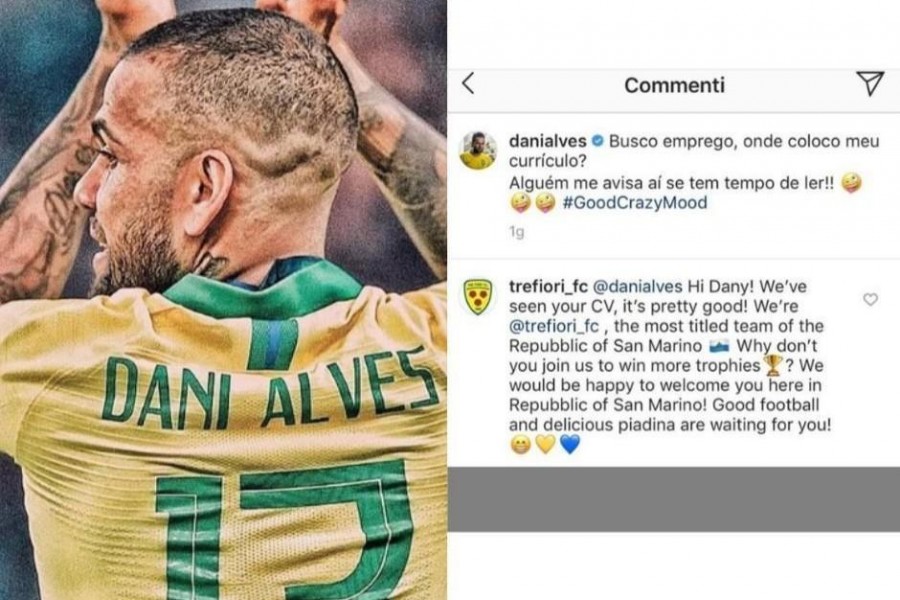 La foto pubblicata da Dani Alves su Instagram e la simpatica risposta del TreFiori