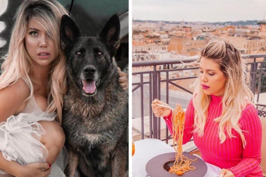 La foto di Wanda con un cane lupo e uno scatto con Roma sullo sfondo
