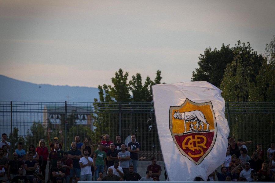 Una bandiera della Roma nel settore ospiti della gara contro l'Arezzo, di LaPresse