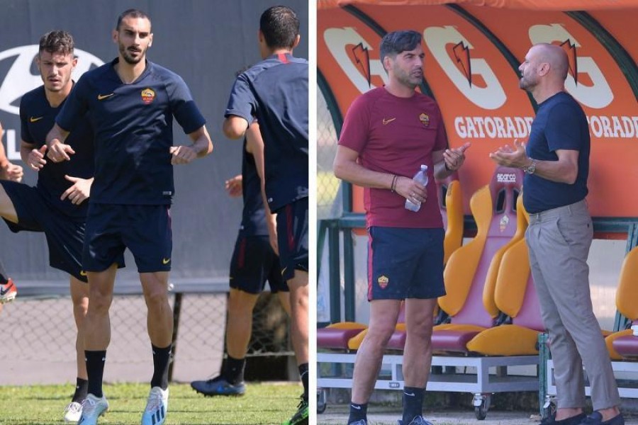 A sinistra: Zappacosta al primo allenamento a Trigoria; a destra: Fonseca e Petrachi, di LaPresse