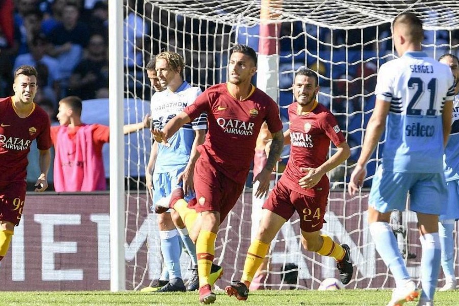 L’esultanza di Lorenzo Pellegrini dopo il gol nel derby d’andata dello scorso anno, di LaPresse