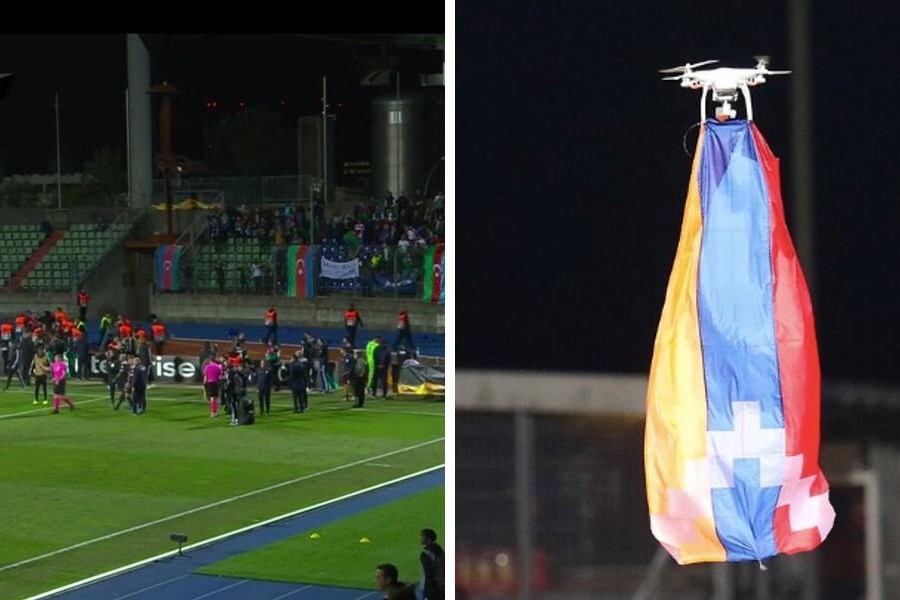 A sinistra i tifosi che hanno provato a irrompere sul terreno di gioco, a destra il drone con la bandiera armena