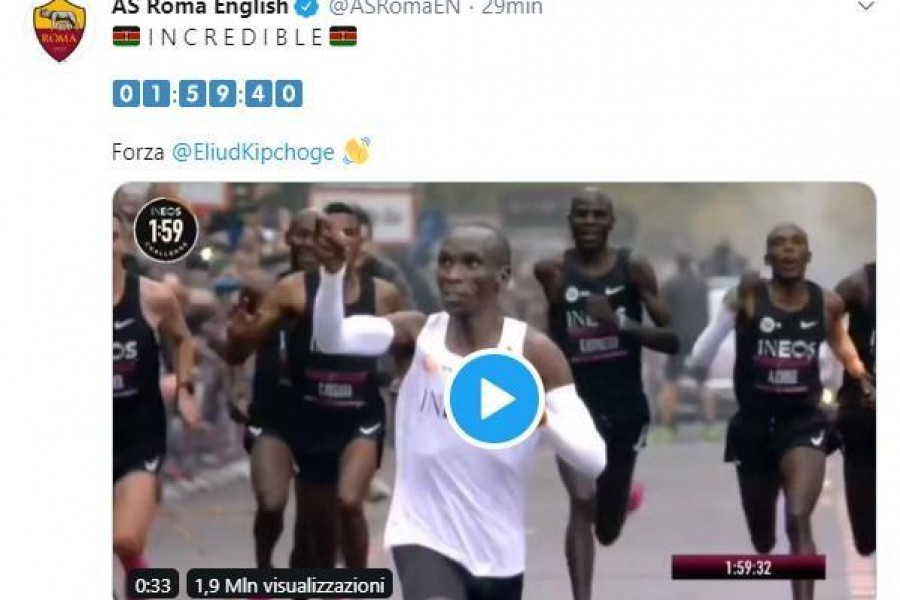 Il tweet della Roma per l'impresa di Eliud Kipchoge, primo uomo ad aver percorso la maratona in meno di due ore