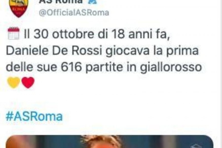 Il tweet della Roma per ricordare l'esordio di Daniele De Rossi