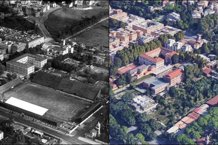 Campo Testaccio all'epoca e l'area come appare oggi da Google Maps